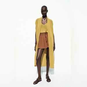 Zara Mustard Yellow Sleeveless Cardigan Vest with waist tie linen/cotton blend S